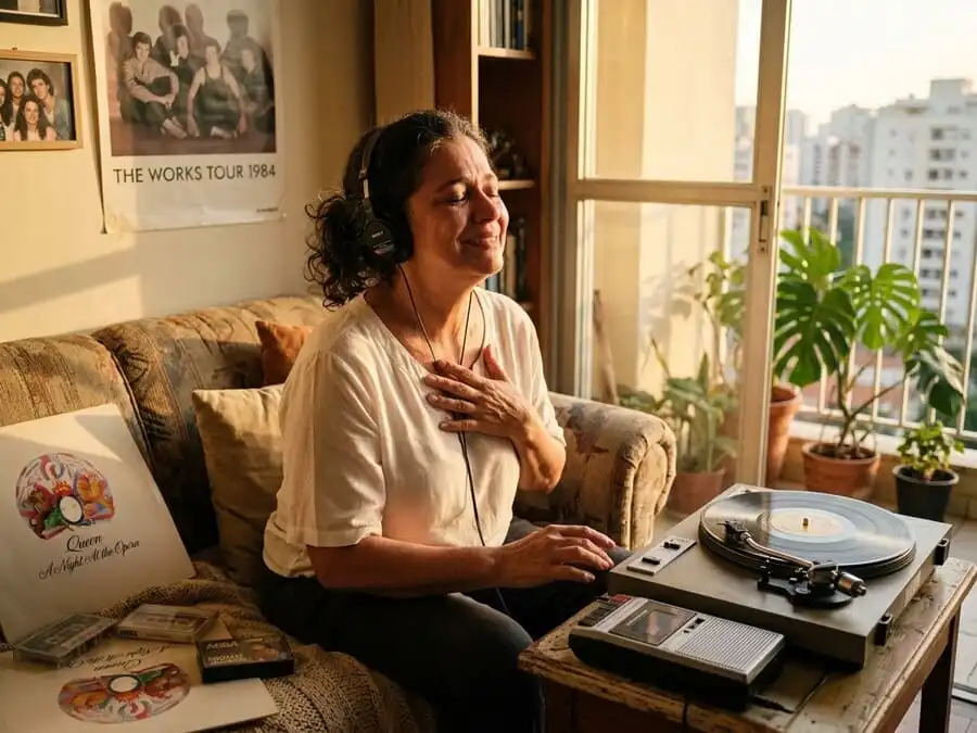 Pessoa emocionada ouvindo música dos anos 80 (vinil de Queen ou Madonna), expressão nostálgica, varanda brasileira com luz dourada do fim de tarde, simbolizando memória musical ligada a emoção e resistência ao envelhecimento.