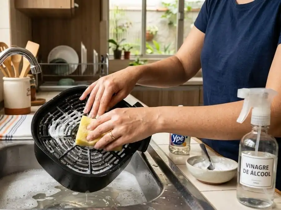 Mãos limpando cesta de air fryer com esponja macia, pasta de bicarbonato e vinagre ao lado, cozinha brasileira com luz natural, representando limpeza prática, segura e eficaz sem produtos agressivos.