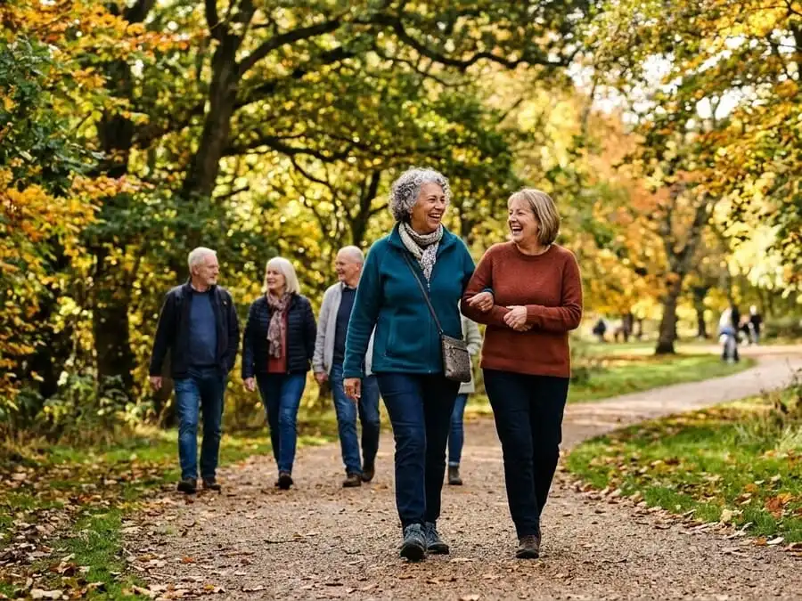 Pessoa madura caminhando, cuidando de horta ou dançando em grupo com expressão feliz, parque/quintal brasileiro com luz natural, representando rotina ativa, propósito e conexões na aposentadoria.