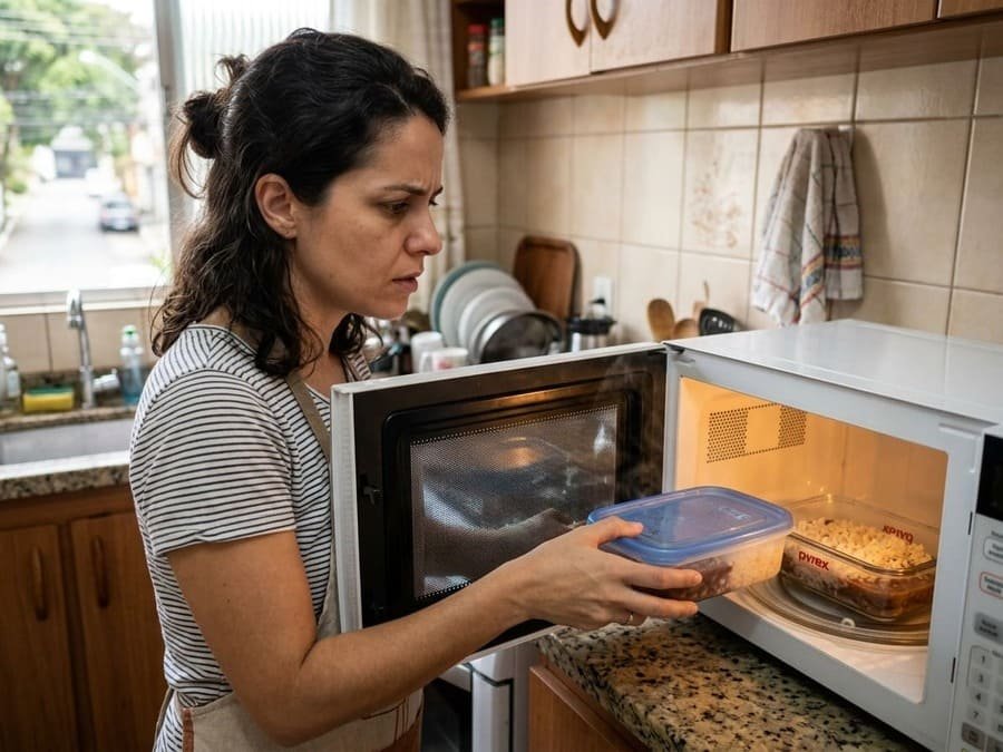 Marmita de plástico e marmita de vidro no micro-ondas, cozinha brasileira com luz natural, representando riscos do plástico aquecido vs segurança do vidro para saúde alimentar.