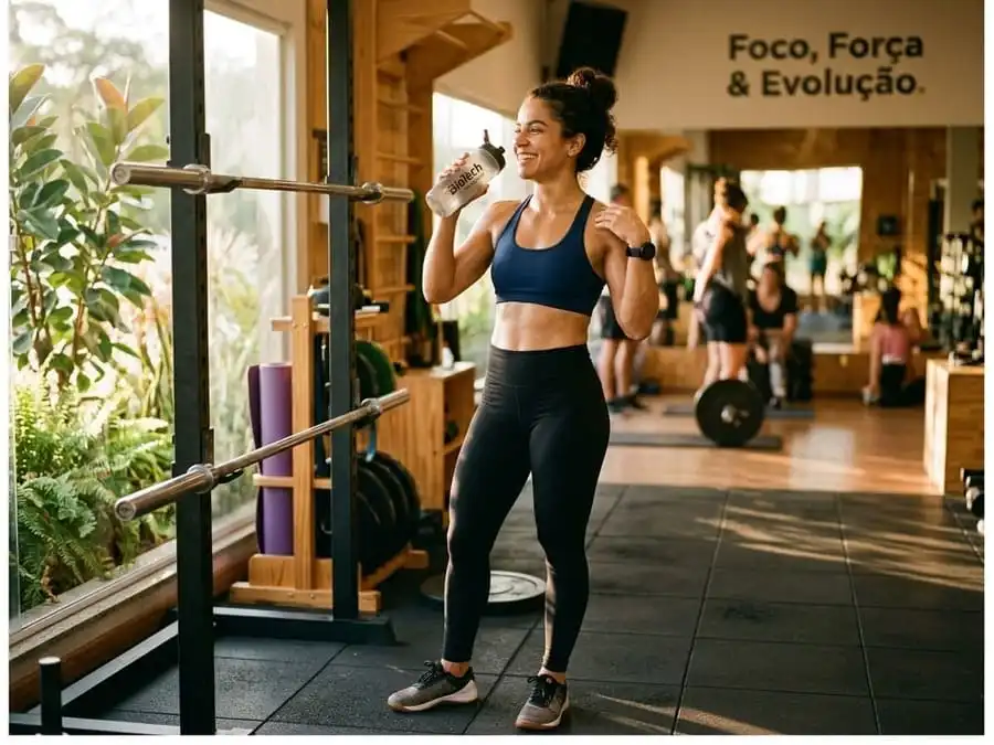 Pessoa com corpo definido e satisfação após treino com execução controlada, luz natural suave, simbolizando resultados reais, segurança e evolução inteligente nos exercícios.
