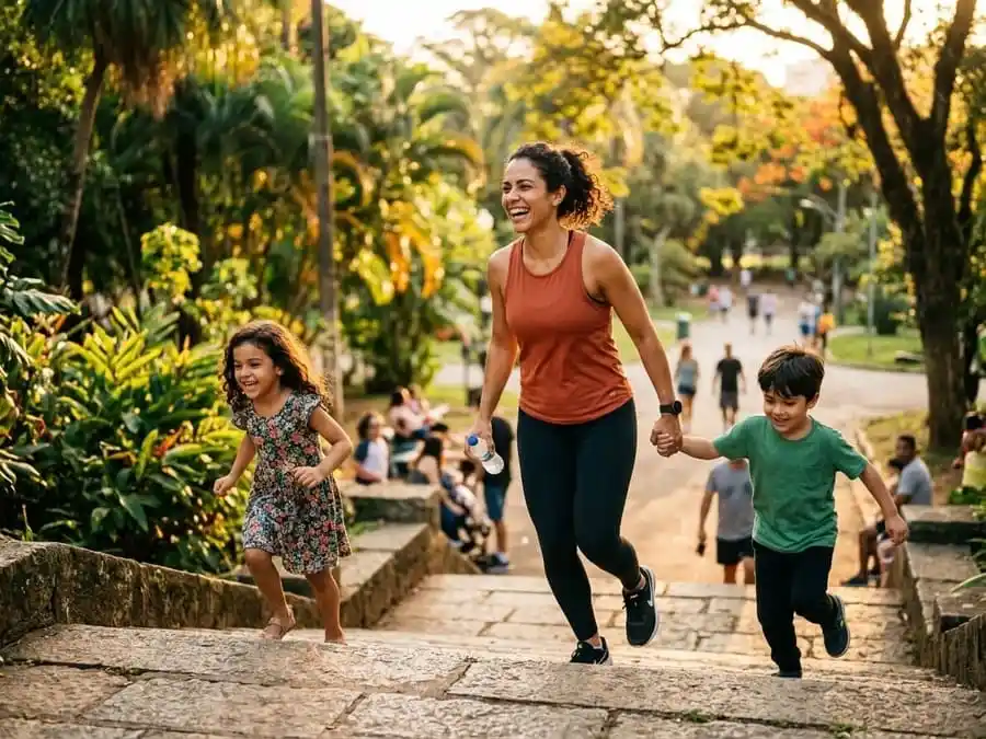 Pessoa com energia renovada brincando ou caminhando com leveza, luz dourada do fim de tarde em parque ou rua brasileira, simbolizando disposição conquistada ao melhorar a resistência física.