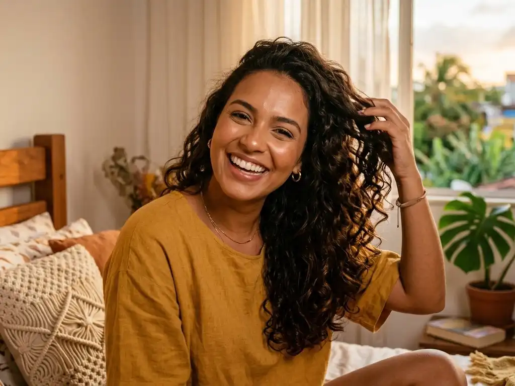 Pessoa sorrindo passando a mão por cabelo saudável e brilhante, luz dourada do fim de tarde em banheiro/quarto brasileiro, simbolizando equilíbrio encontrado, saúde capilar e bem-estar após rotina personalizada.