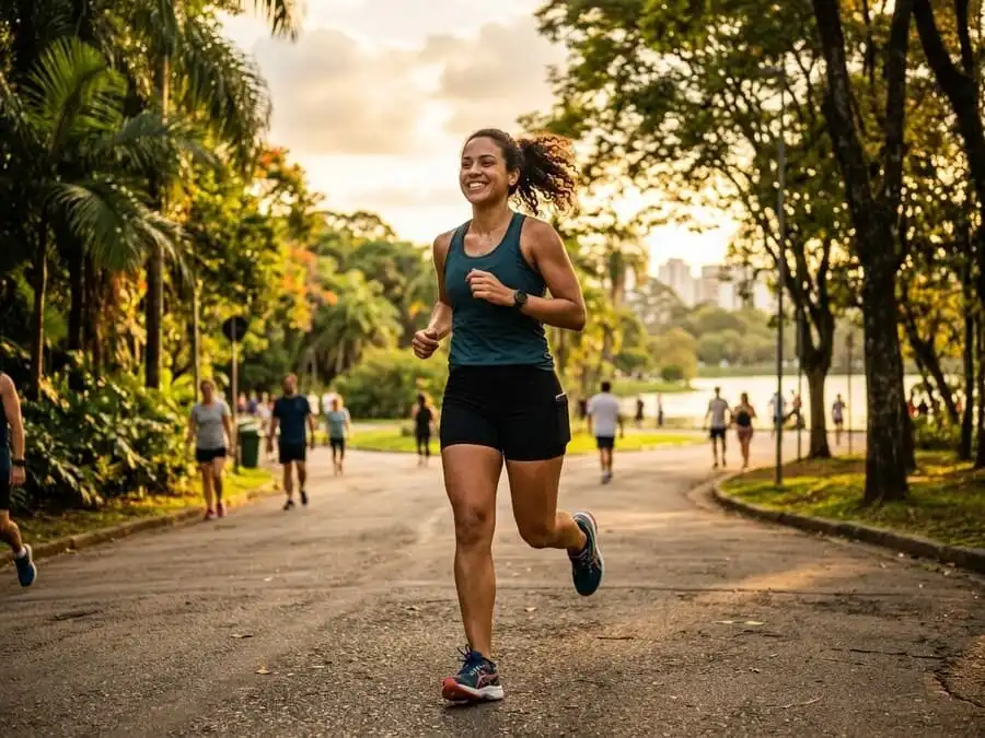 Pessoa caminhando ou correndo com confiança e sorriso em parque brasileiro, luz dourada, simbolizando recomeço autêntico, quebra do ciclo de adiamento e vida mais plena.