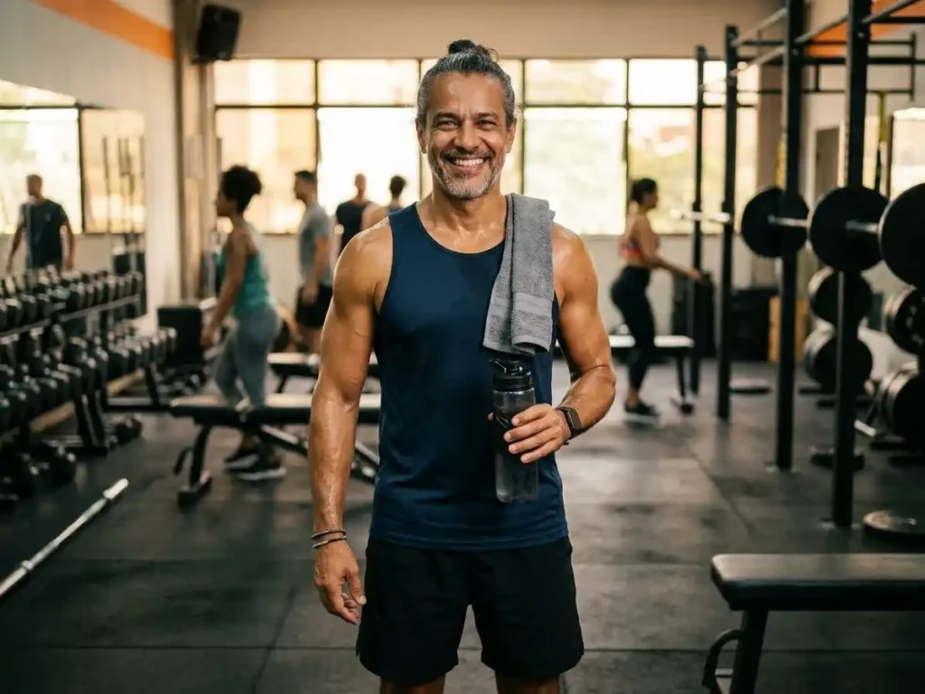 Homem de meia-idade após treino de musculação, com expressão de vitalidade, simbolizando os benefícios hormonais e de longevidade da prática regular.