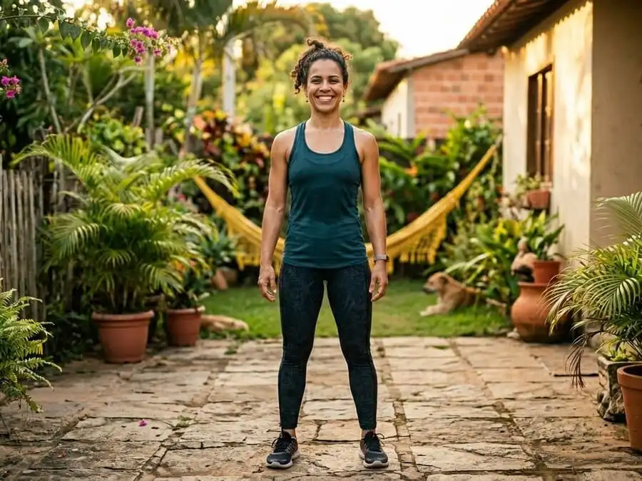 Pessoa sorrindo com postura ereta e confiança após exercício de 1 minuto, costas alinhadas e abdômen tonificado, luz dourada do fim de tarde em casa/quintal brasileiro, simbolizando resultados reais e sustentáveis de tonificação funcional.