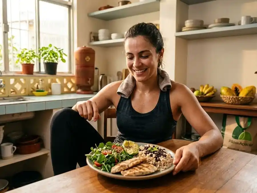 Pessoa com corpo mais definido e satisfação após alimentação consistente para hipertrofia, cozinha ou ambiente brasileiro com luz natural, simbolizando resultados reais com alimentos simples e naturais.