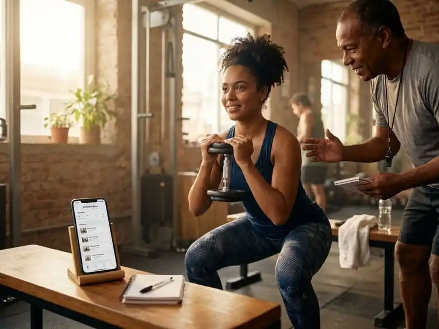 Pessoa treinando com boa forma e confiança, celular com IA ao lado, luz natural em ambiente brasileiro, simbolizando uso equilibrado e seguro do treino gerado por inteligência artificial.