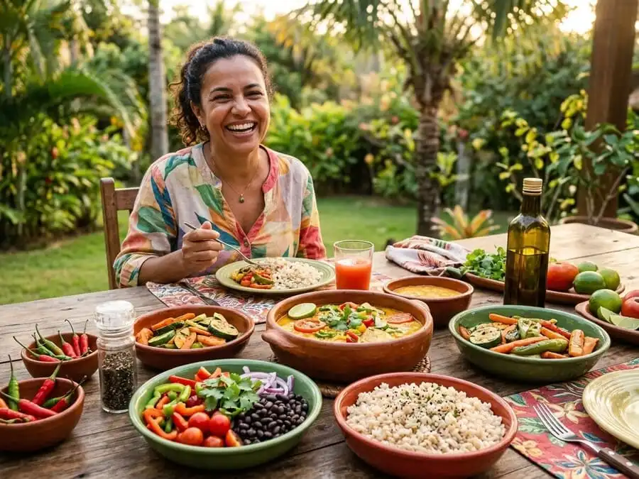 Mesa brasileira com pratos saudáveis e pimenta fresca em destaque, pessoa sorrindo ao fundo, luz dourada do fim de tarde, simbolizando uso consciente, benefícios reais e prazer culinário.
