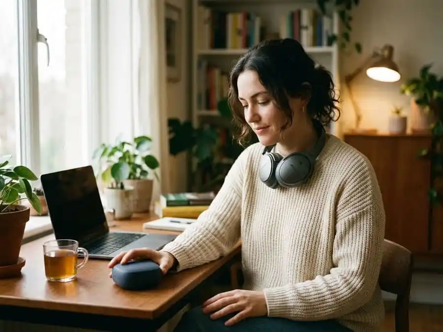 Pessoa usando fone com cancelamento de ruído de forma consciente e tranquila, ambiente brasileiro com luz natural suave, simbolizando hábitos de proteção auditiva e prevenção de danos.