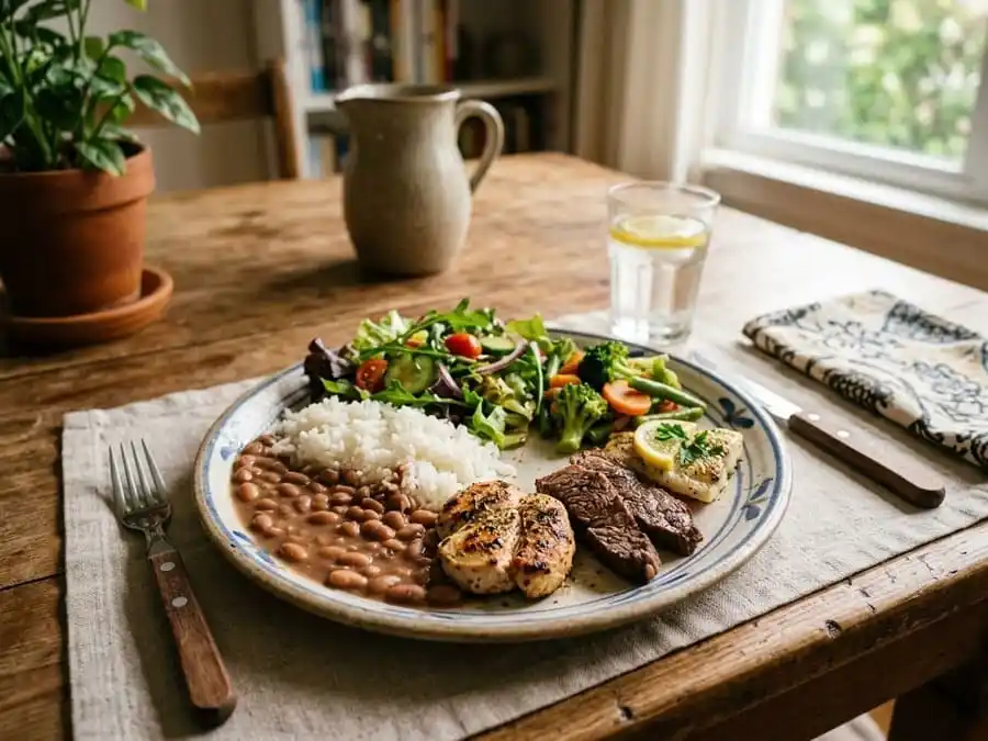 Prato equilibrado com diferentes carnes magras, arroz, feijão e salada em mesa brasileira, simbolizando variedade e equilíbrio na ingestão de proteína.
