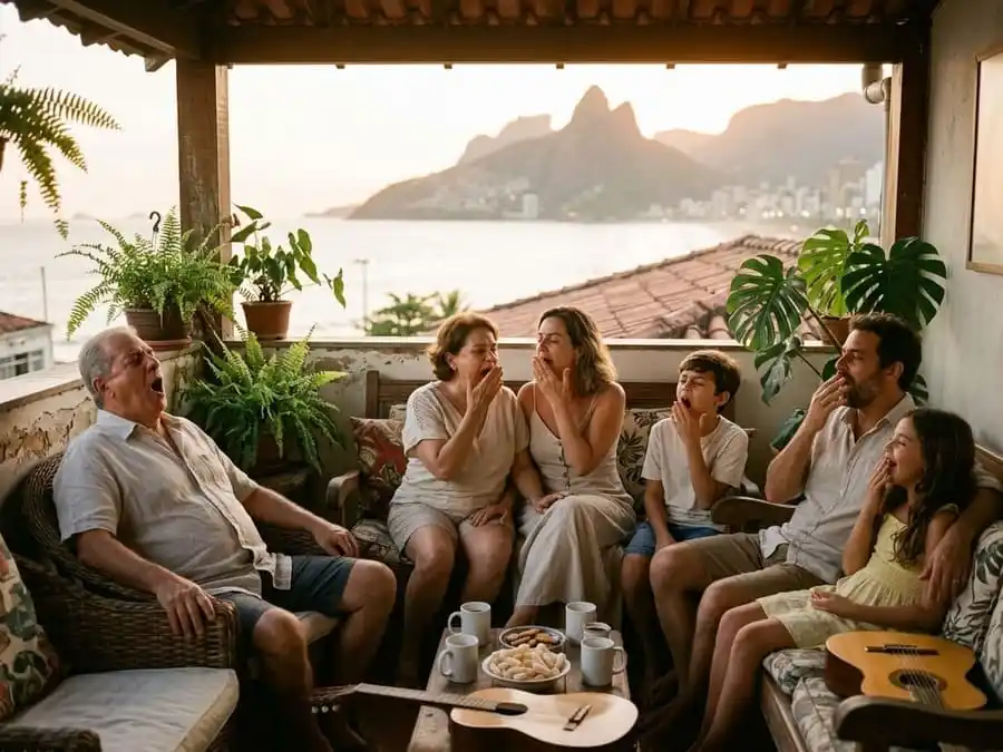 Grupo de pessoas em conexão tranquila, bocejando ou relaxando juntas, luz dourada do fim de tarde em ambiente brasileiro, simbolizando empatia, cognição social e o poder do bocejo contagioso.