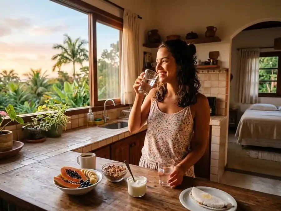 Pessoa acordando descansada e com energia, preparando refeição equilibrada, luz natural do amanhecer em quarto/cozinha brasileira, simbolizando benefícios do sono de qualidade no controle do apetite e metabolismo.