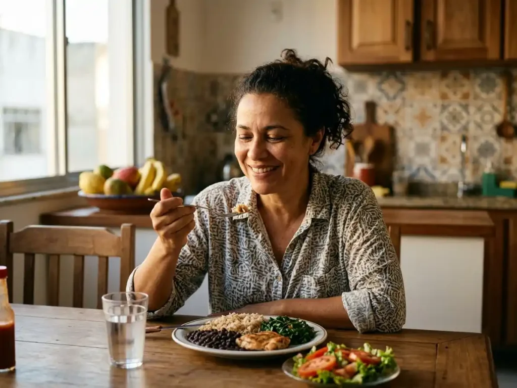 Pessoa sorrindo com prazer ao comer devagar e com atenção plena, mesa brasileira com luz natural suave, simbolizando benefícios da mastigação consciente e mindful eating.