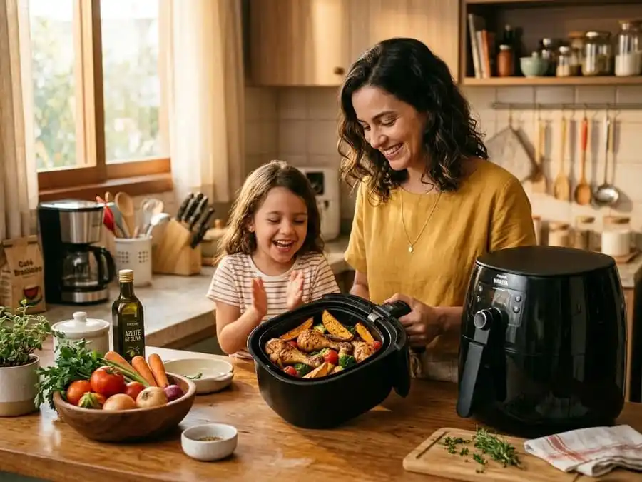 Pessoa retirando refeição saudável da air fryer com satisfação, cozinha brasileira com luz natural, simbolizando uso consciente, redução de gordura e benefícios reais para a saúde.
