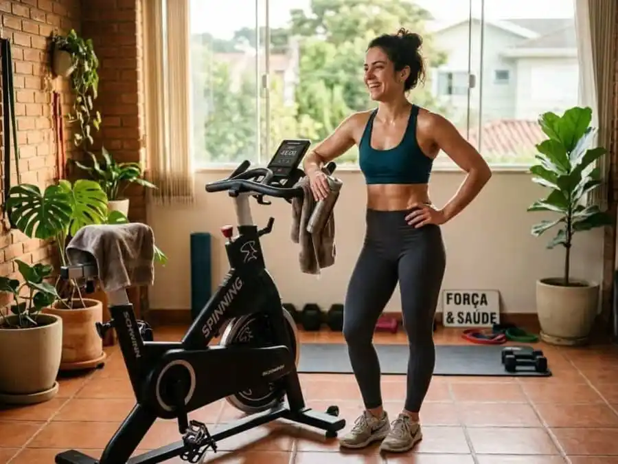 Pessoa satisfeita após treino HIIT na bike ergométrica, com expressão de conquista e corpo mais definido, simbolizando resultados reais na queima de gordura e melhoria do condicionamento.