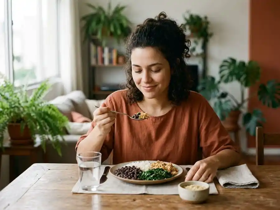Pessoa comendo com calma e serenidade, expressão presente e prazerosa, mesa brasileira com luz natural suave, simbolizando paz com a comida e redução do food noise.