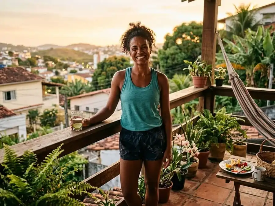 metabolismo acelerado mito ou verdade. Pessoa sorrindo com confiança e energia após refeição ou exercício equilibrado, luz dourada do fim de tarde em cozinha/varanda brasileira, simbolizando controle real sobre o metabolismo através de escolhas diárias.