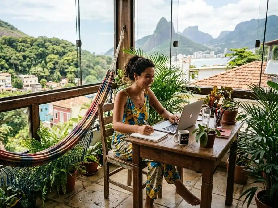 Pessoa produtiva e serena no seu melhor horário, trabalhando ou aproveitando o dia com energia real, luz natural harmoniosa em ambiente brasileiro, simbolizando sucesso autêntico e bem-estar sem o mito do madrugar forçado.