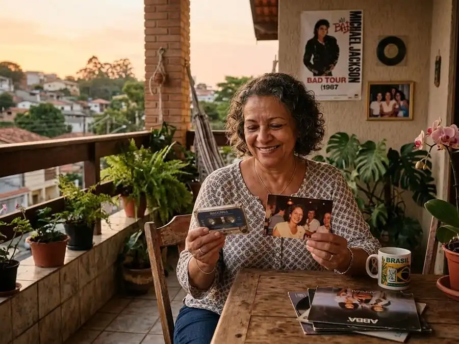 Pessoa madura sorrindo com serenidade contemplando horizonte ou segurando vinil dos anos 80, fundo com elementos musicais, luz suave do pôr do sol em varanda brasileira, simbolizando aceitação dos esquecimentos normais e valor das memórias musicais profundas.