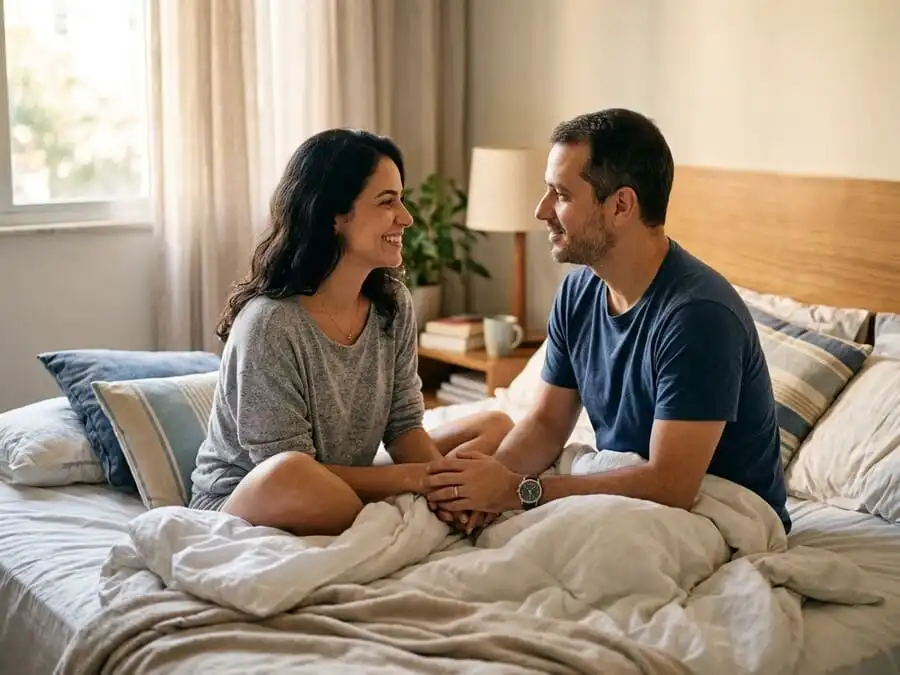 Casal sentado na cama conversando com carinho e cumplicidade, representando a importância da comunicação na vida sexual do casal.