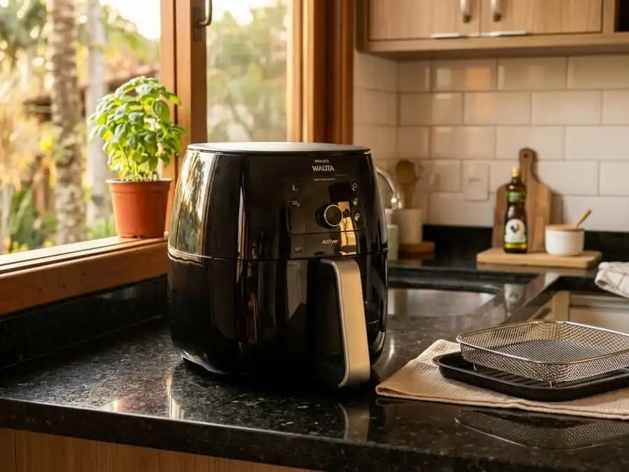Air fryer limpa e brilhante montada na bancada de cozinha brasileira, luz dourada do fim de tarde, simbolizando higiene, cuidado correto e resultado de limpeza eficaz.