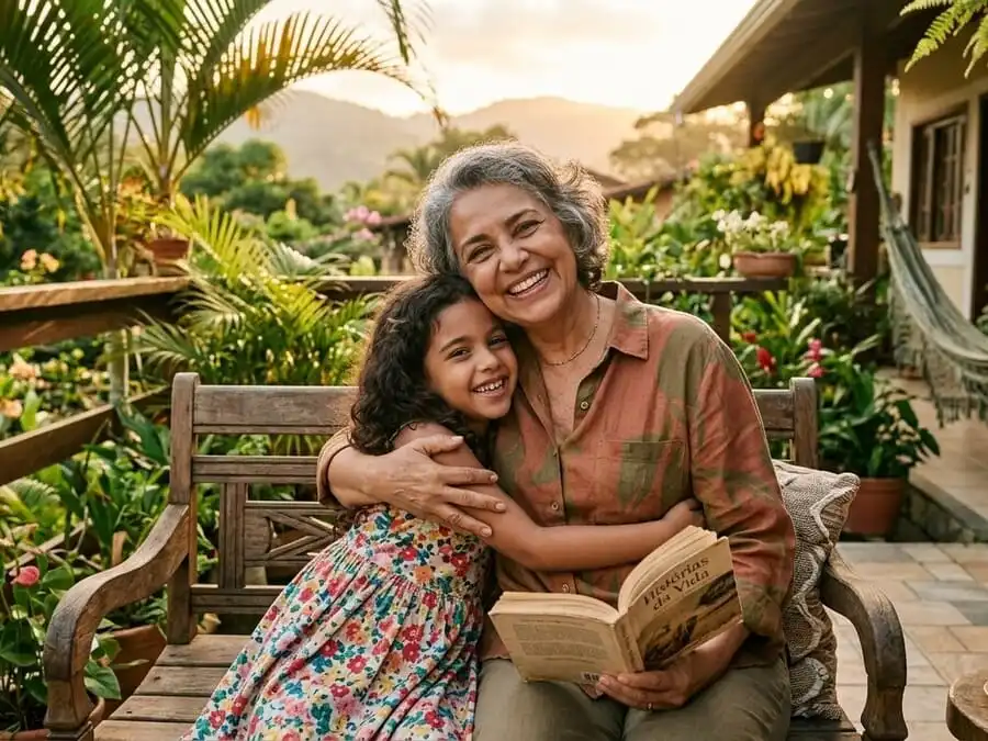 Pessoa madura sorrindo com serenidade e vitalidade, abraçando neto ou contemplando pôr do sol, luz dourada do fim de tarde em quintal/parque brasileiro, simbolizando plenitude e vida plena na aposentadoria ativa.