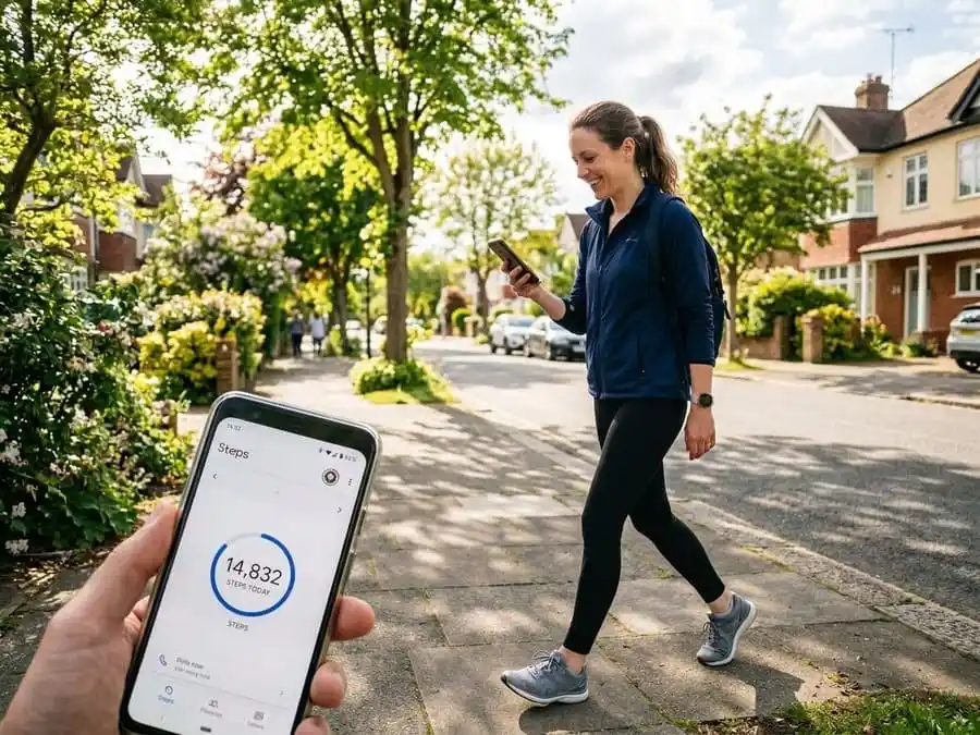 Pessoa caminhando em rua ou parque brasileiro com celular mostrando contagem de passos, luz natural, simbolizando a quantidade ideal de passos diários para manutenção do peso e prevenção de reganho.