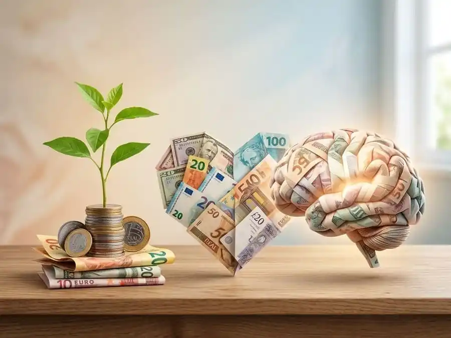 saúde financeira -Imagem fotorealista de uma composição com dinheiro (notas e moedas) entrelaçado com símbolos de saúde e bem-estar, como uma planta crescendo de moedas e um coração feito de notas.