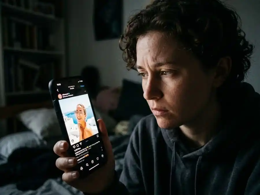 Imagem fotorealista de um rosto parcialmente obscurecido por uma tela de smartphone que exibe uma vida idealizada e filtrada de um influenciador, com a expressão da pessoa sugerindo dúvida ou comparação.