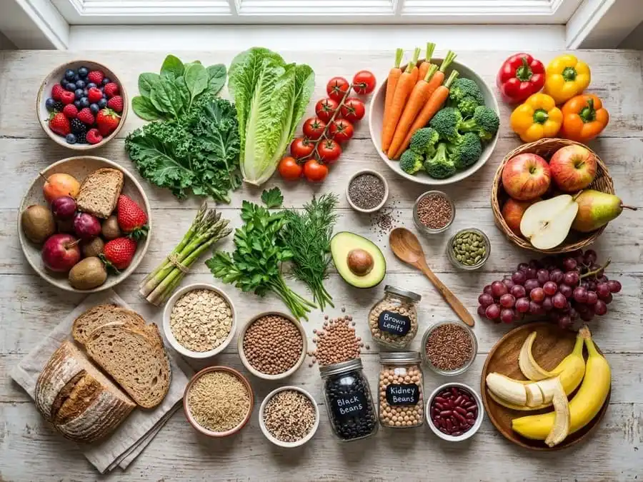 Imagem flat lay e fotorealista de uma variedade vibrante de alimentos ricos em fibras, incluindo frutas coloridas, vegetais de folhas verdes, brócolis, aveia, arroz integral e leguminosas, dispostos sobre uma mesa de madeira clara.