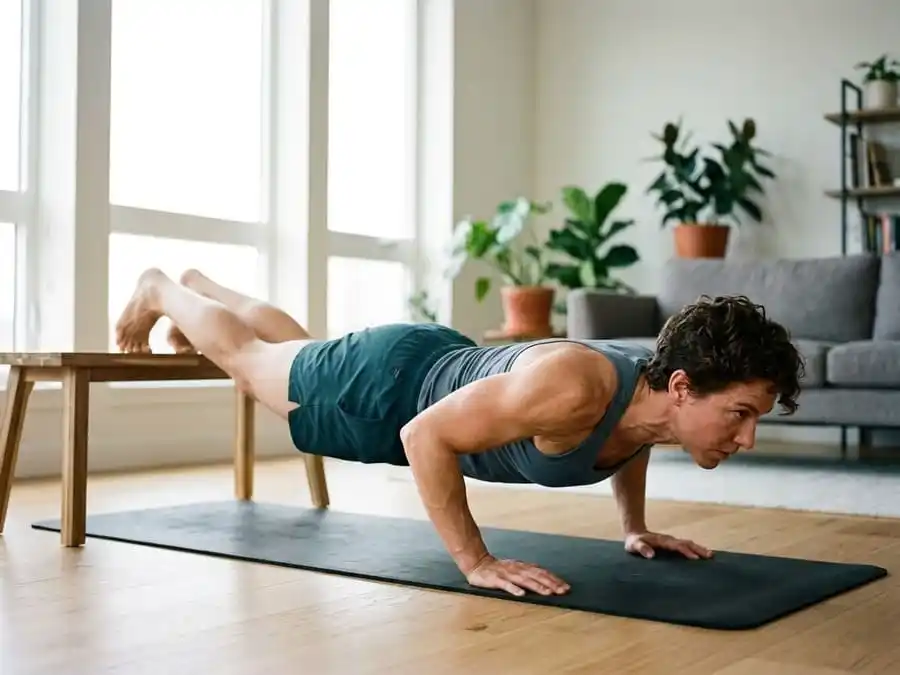 Imagem fotorealista e dinâmica de uma pessoa atlética realizando um exercício de peso corporal desafiador, como uma flexão com os pés elevados, em um ambiente doméstico bem iluminado.