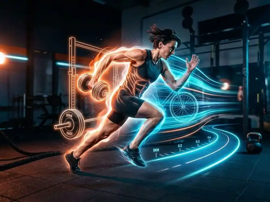 Imagem fotorealista dinâmica de uma pessoa atlética em movimento, cercada por elementos abstratos e luminosos que mesclam musculação (halteres), cardio (pista de corrida) e treino funcional (kettlebell), simbolizando o treino híbrido.