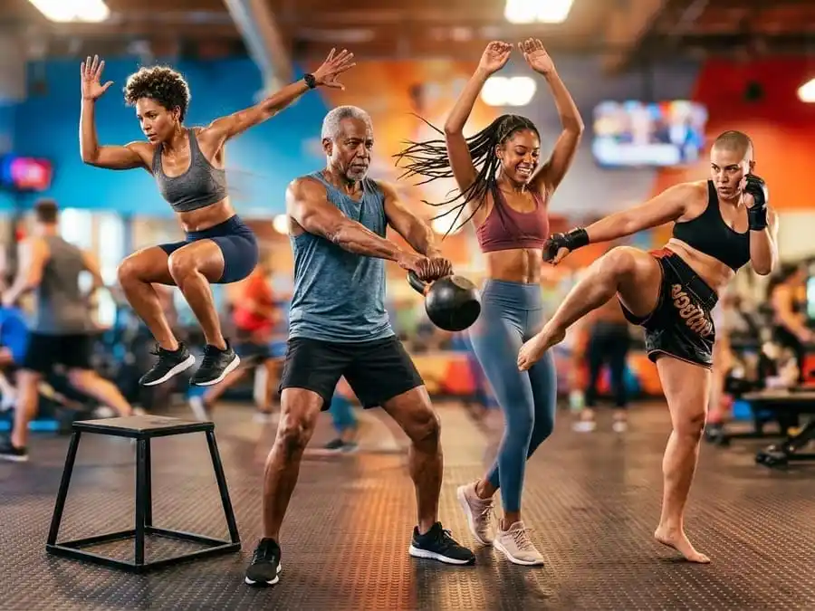 Imagem fotorealista dinâmica com múltiplas figuras de pessoas praticando diferentes exercícios para perda de peso, como HIIT, musculação, dança e Muay Thai, com um fundo vibrante e energético.