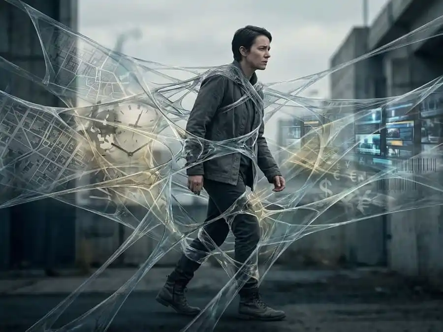 Imagem fotorealista surreal de uma figura humana parcialmente presa ou emaranhada em barreiras translúcidas abstratas que representam restrições sociais como mapas urbanos, relógios e telas digitais.
