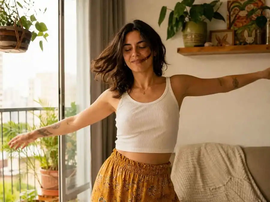 Pessoa em casa começando a dançar com expressão de alívio e leveza, luz natural suave em ambiente brasileiro, simbolizando redução da ansiedade através do movimento corporal.
