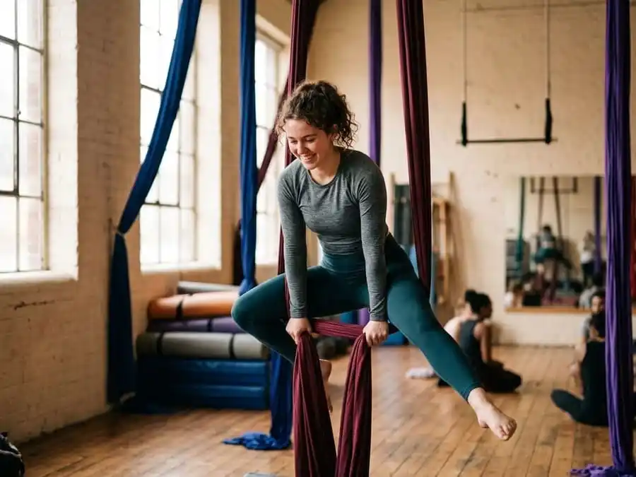 Pessoa sorrindo enquanto pratica tecido acrobático ou trapézio em estúdio de circo brasileiro com luz natural, transmitindo alegria e benefícios da aula de circo para corpo e mente.