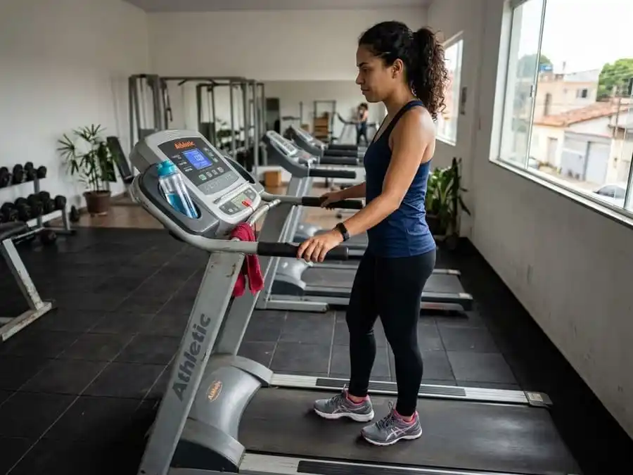 Pessoa iniciante parada em frente à esteira com expressão de curiosidade, painel mostrando velocidade baixa, academia ou sala brasileira com luz natural, simbolizando o começo seguro da corrida na esteira.