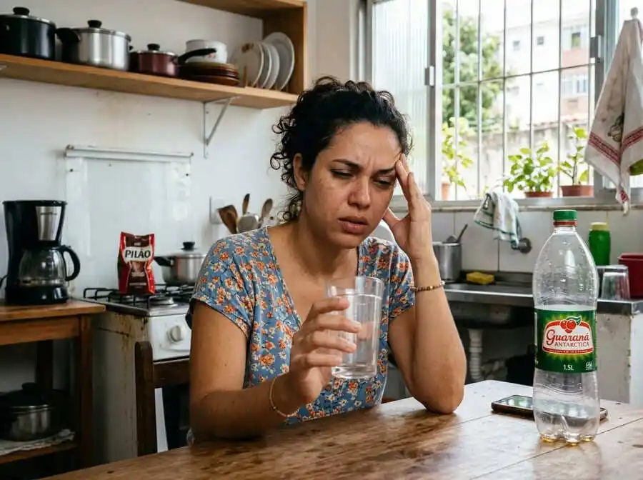 Pessoa com expressão cansada e boca seca segurando copo vazio, cozinha ou escritório brasileiro com luz natural, simbolizando sede como sinal tardio de desidratação.