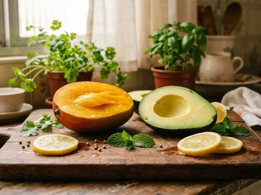 Manga cortada e abacate fresco em tábua de madeira, luz natural suave de cozinha brasileira, simbolizando dupla poderosa para saúde cardiovascular.