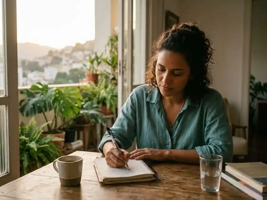 Pessoa escrevendo à mão em caderno com expressão serena, luz natural suave em mesa ou varanda brasileira, simbolizando o hábito de escrita como ferramenta de resiliência emocional.