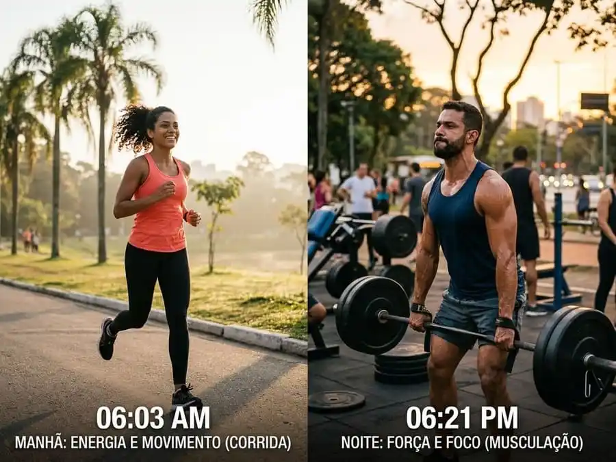 Comparação: treino matinal para matutino vs treino vespertino para vespertino, parque ou academia brasileira com luz natural, ilustrando o alinhamento do exercício ao cronotipo.