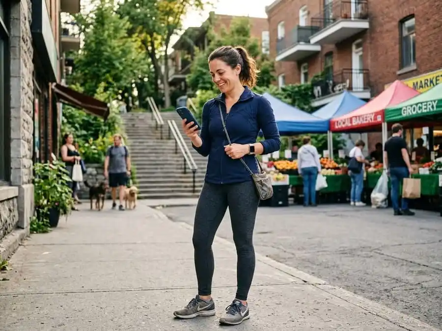 Pessoa verificando passos no celular após caminhada, expressão de satisfação, rua ou parque brasileiro com luz natural, representando monitoramento e progressão gradual para não recuperar o peso.