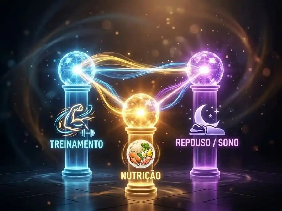  Imagem conceitual e ilustrativa de três pilares brilhantes, representando "Treino" (bíceps flexionado), "Nutrição" (prato equilibrado) e "Descanso" (lua crescente), com energia fluindo entre eles.