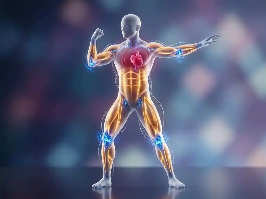  Ilustração conceitual de um corpo humano atlético com músculos definidos, um coração eficiente e vias neurais brilhantes, simbolizando os benefícios integrados dos treinos híbridos para hipertrofia, cardio e mobilidade.