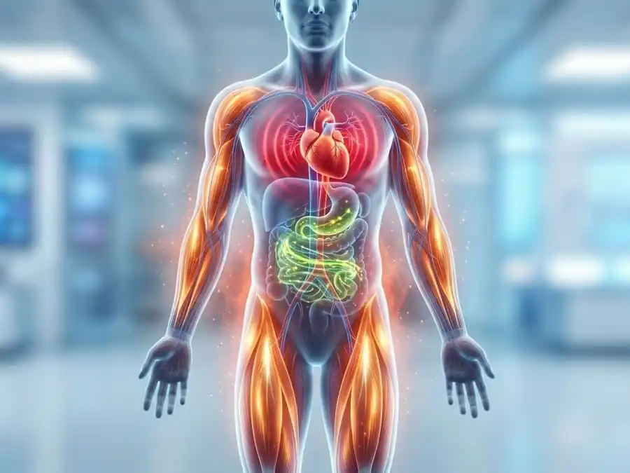 Ilustração conceitual e científica de um corpo humano saudável, com um coração pulsante, músculos brilhantes e partículas de energia emanando do núcleo, simbolizando um metabolismo ativo e a queima de gordura.