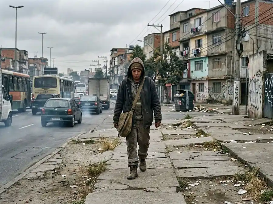 sedentarismo. Imagem fotorealista de uma pessoa cansada caminhando em uma calçada mal conservada em uma periferia urbana densa, com tráfego congestionado e falta de infraestrutura para pedestres.