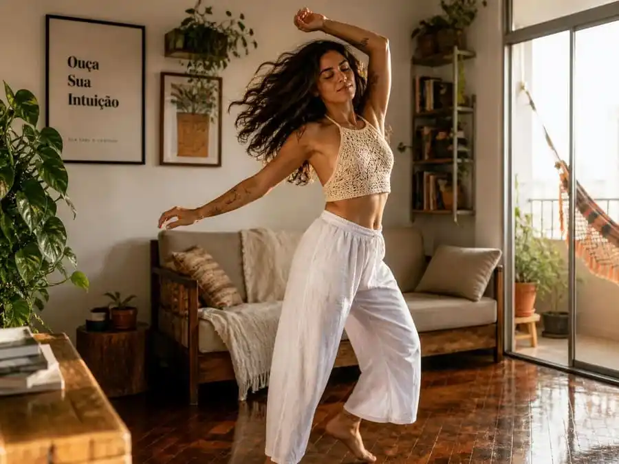 Pessoa dançando com foco e entrega ao momento, expressão de prazer e presença, luz natural em sala brasileira, representando dança como ferramenta de mindfulness e redução da ansiedade.
