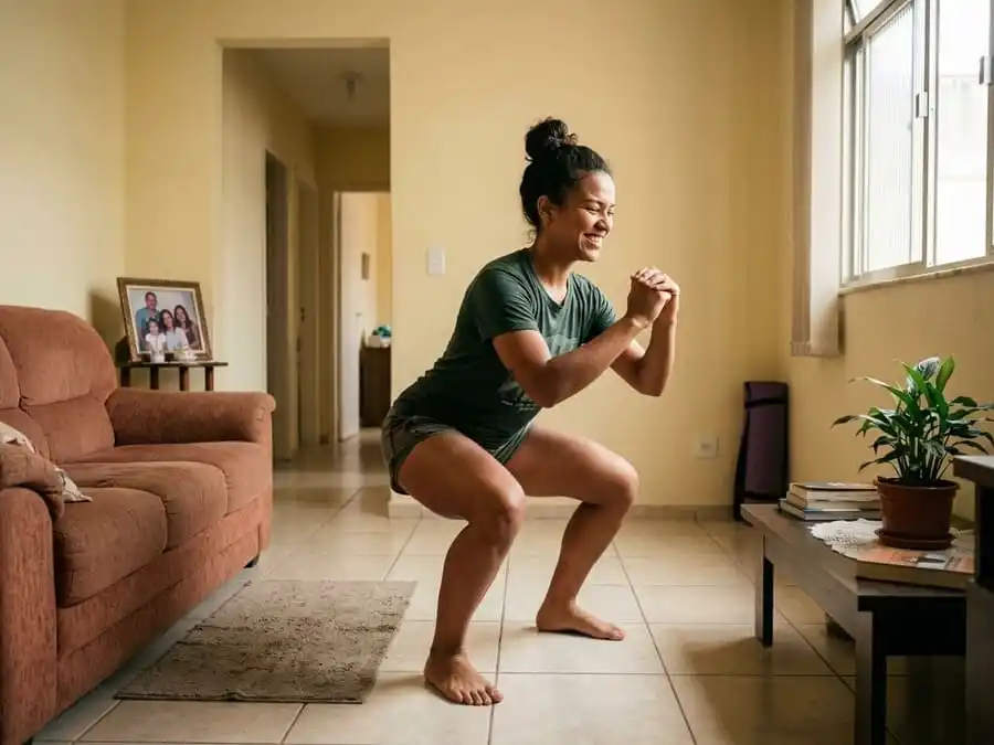 Pessoa fazendo circuito funcional ou HIIT em casa (agachamento, flexão ou burpee), luz natural clara, representando treino rápido, eficiente e prático para dias corridos.