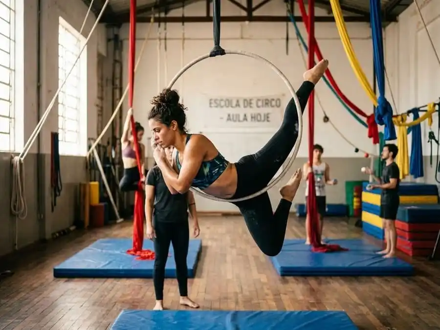 Pessoa praticando movimento de circo com foco em força, flexibilidade e equilíbrio em aula real, estúdio brasileiro com luz natural, ilustrando benefícios físicos da aula de circo.